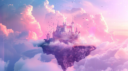 Fototapeta premium Fairy castle on floating island surrounded by fluffy clouds. Fairytale pastel sky and multi-layered depth