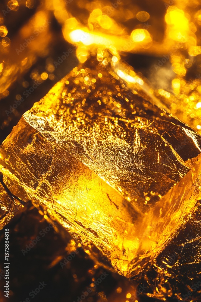 Poster golden ice cubes abstract reflective background with luminous warm light and deep shadows