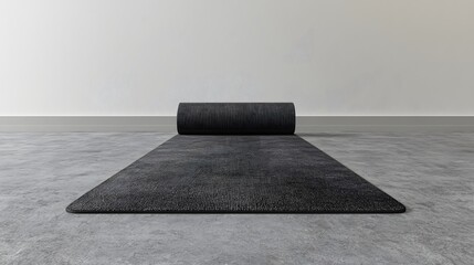 Minimal style mockup of a black rug on a grey floor for interior design and home decor inspiration
