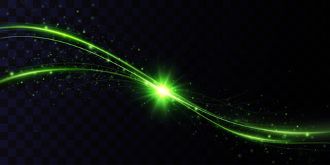 Green Speed ​​Lines, Light in Motion, Glowing Light Trails with Sparkles. Vector decoration.