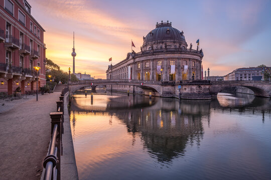 Bode Museum and Fernsehturm Berlin at sunrise, Berlin Mitte, Germany