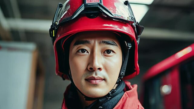 Emergency responder in red uniform prepares for duty in urban setting