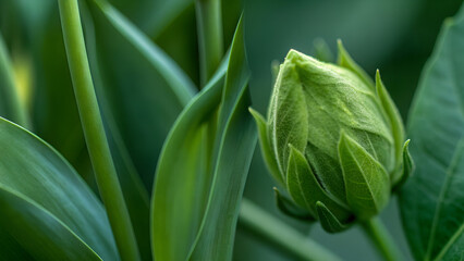 Wallpaper with green bud flower on green background with full depth of field. Photo background, macro, closeup, plant, nature, floral.