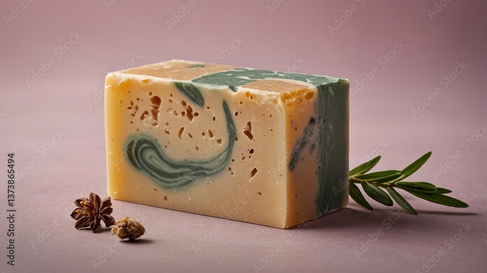 Poster handcrafted soap with a unique swirl pattern and natural ingredients on a neutral background