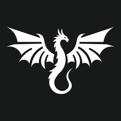 white dragon silhouette with spread wings on black background, vector logo design