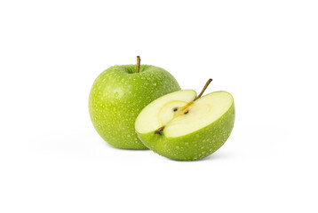 Green fresh apple with cut in half and water droplets isolated 