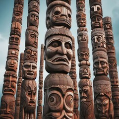 Tall carved poles honoring deceased warriors and celebrating hea