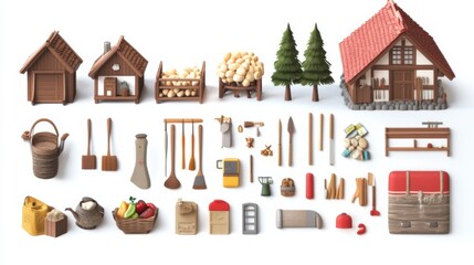 Charming Wooden Cabin and Rustic Tools Collection