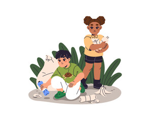 Children volunteers picking litter, garbage in park to throw. Cute kids collect, gather trash, waste, rubbish to recycle. Girl and boy care about ecology. Flat isolated vector illustration on white