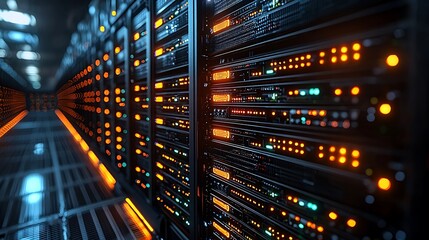 Naklejka premium Illuminated server room with rows of data center racks.