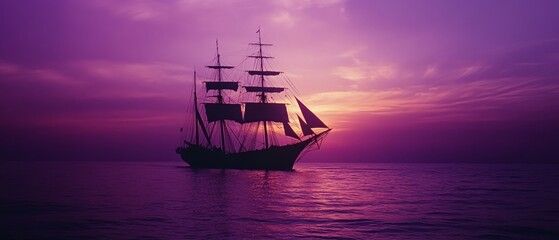 Obraz premium A majestic sailing ship glides over calm waters at sunset, its silhouette striking against the purple-hued sky.