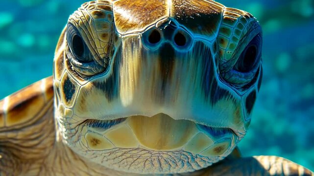 Close-up view of a sea turtle swimming in clear blue waters during a sunny day