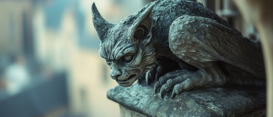 A menacing gargoyle peers down from its stone perch, evoking mystery and ancient legends in a cityscape backdrop.