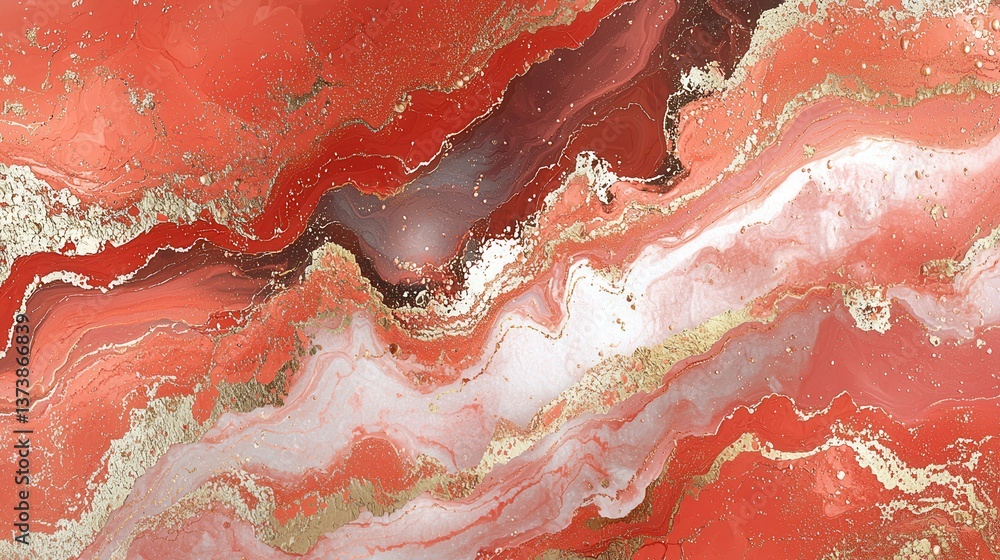 Poster abstract 3d render of fluid liquid with vibrant red and gold background design