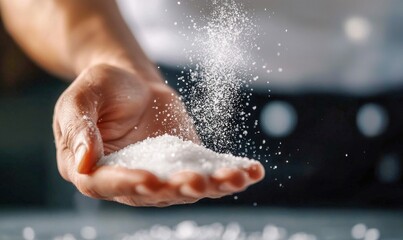 Fototapeta premium A hand gently pours a stream of crystalline salt, showcasing its texture and purity in motion.
