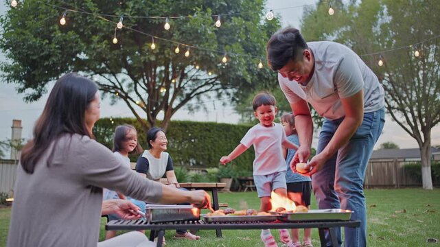 Asian family having fun cooking barbecue food at home backyard during summer time - Parents and children love and lifestyle concept - Models by AI generative 