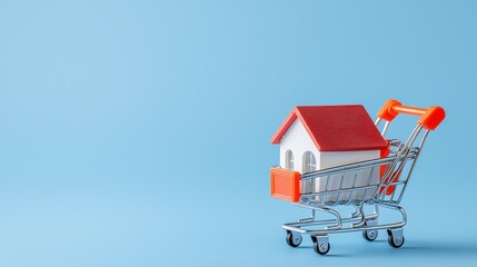 A miniature house sits in a shopping cart against a blue background, symbolizing real estate or home buying.
