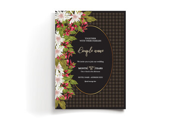 WEDDING INVITATION FRAME WITH FLOWER DECORATIONS AND FRESH LEAVES