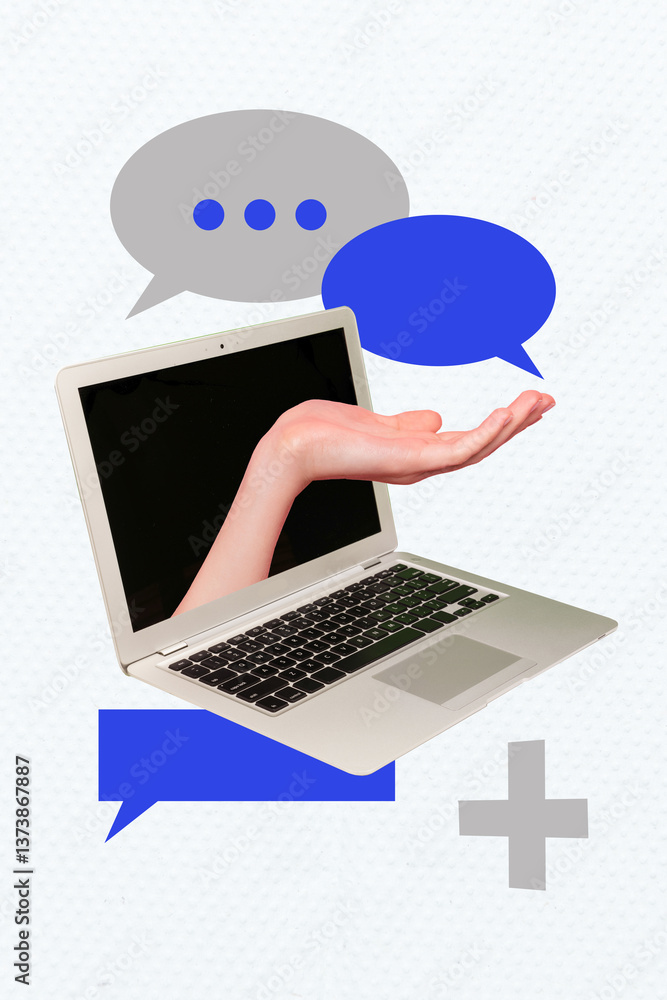 Poster composite sketch image design trend collage of hand hold laptop display chatting cloud texting bubbl