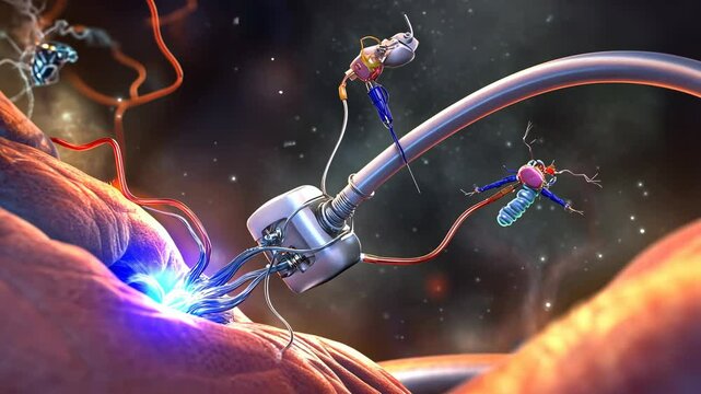 Detailed representation of nanobots interacting with cells in a scientific exploration setting
