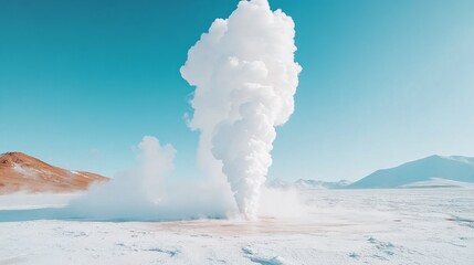 A powerful geyser erupts with steam and water in a snowy setting, highlighting the beauty of geothermal phenomena in a pristine environment
