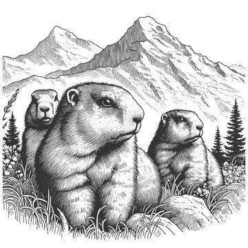 three marmots in mountains monochrome clip art preview
