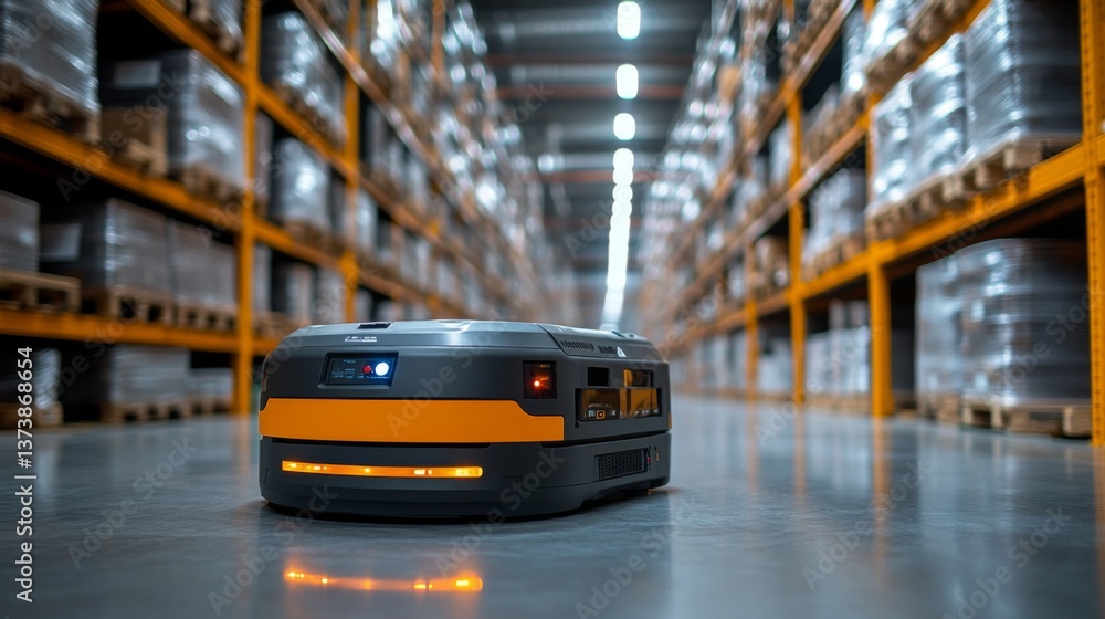 Poster A robotic unit moves efficiently through the aisles of a logistics warehouse. Surrounding shelves are filled with neatly stacked inventory, showcasing a well organized storage environment.