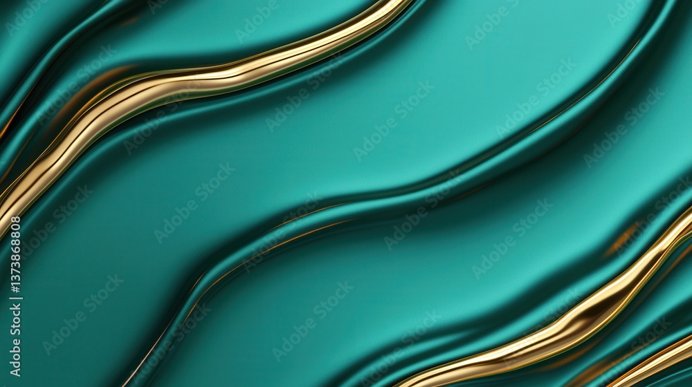 Poster abstract 3d render of fluid liquid waves in teal and gold colors for background use
