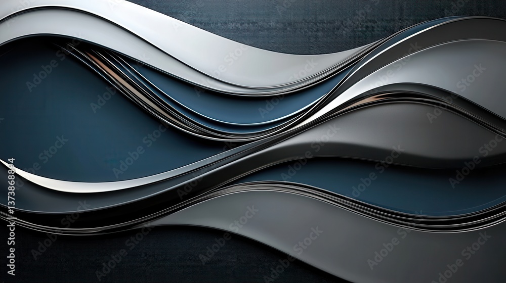 Poster abstract 3d render of fluid waves in smooth metallic finish on dark background