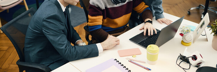 Header with business people training employee in team in office