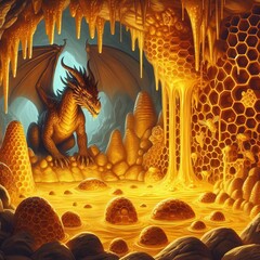 A cave filled with honeycomb walls A giant dragon guards the gol