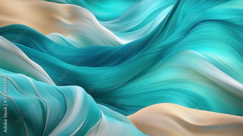 Poster abstract 3d render of flowing liquid waves in soft turquoise and cream tones