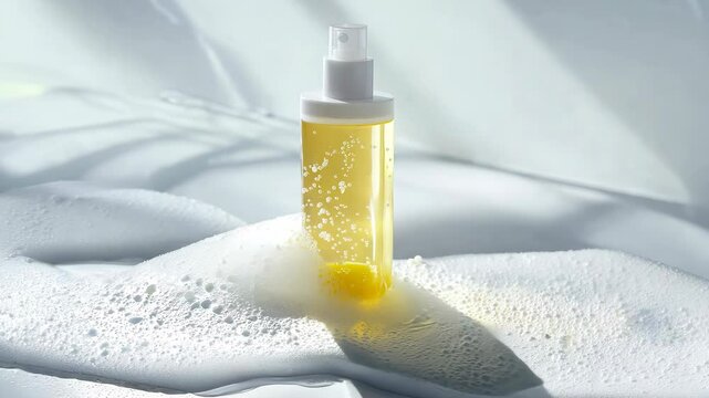 A clear beauty product that contains a split of yellow oil and water with thick foamy suds. v2