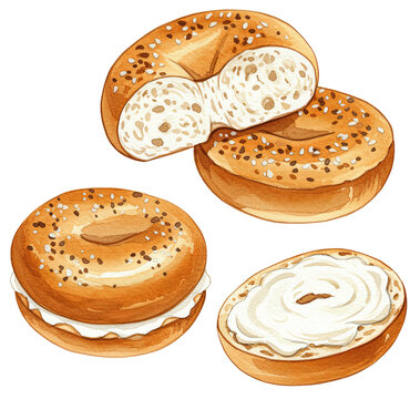 watercolor bagels with cream cheese clip art preview