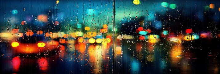 Naklejka premium Blurred headlights from car traffic reflect on windows during a rainy autumn night. 