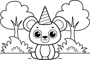 Outline Cartoon Bear with Party Hat in Forest, Transparent Background, Line Art