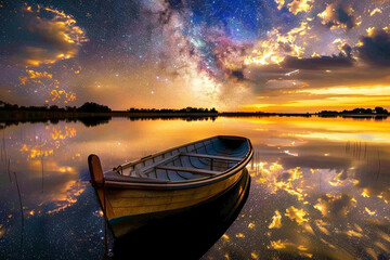 "Serene Lake Reflecting a Galaxy with a Small Boat Floating Under the Stars