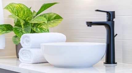 Fototapeta premium A sleek black faucet above a white bowl sink, accompanied by neatly rolled towels and a vibrant green plant against a modern background.
