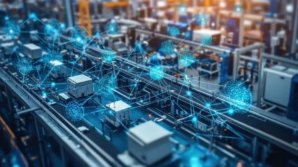 A networked industrial environment showing how machine learning models optimize productivity and maintenance