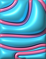 Background with a wavy, glossy texture in shades of pink and teal. The teal waves appear to be protruding from the pink surface, 3D rendering illustration
