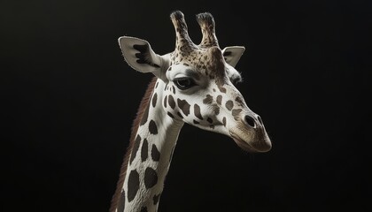 Obraz premium Close-up Portrait of a Giraffe s Head and Neck Isolated on a Black Background, Studio Shot
