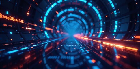 Abstract digital technology background with blue and orange lights, glowing data streams in center of futuristic space tunnel with light particles,  lights,  data streams