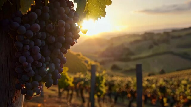 Vineyard at golden hour, heavy clusters of purple grapes hanging between wooden posts. v1