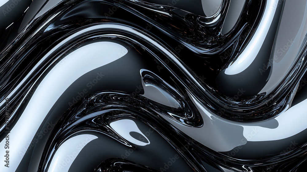 Poster abstract 3d render of black fluid liquids swirling in smooth waves and curves