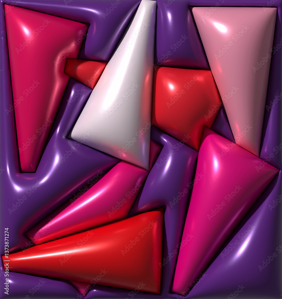 Poster abstract composition featuring glossy, three-dimensional triangular shapes in red, pink, white, and 