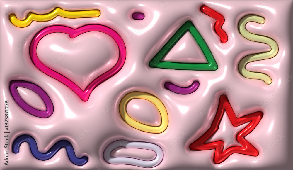 Poster abstract composition featuring glossy, three-dimensional shapes including a heart, star, triangle, w