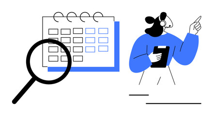 Magnifying glass over calendar, woman holding clipboard pointing, signifying planning, time management, organization. Ideal for scheduling, productivity, team collaboration, goal setting task