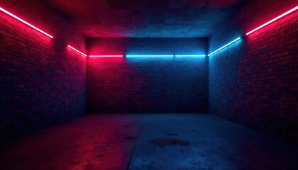 Abstract and urban background of red and blue neon lights illuminating an empty brick basement wall,  wall,  abstract