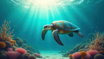 Obraz premium Tortuga marina entre olas del océano y los arrecifes de coral 