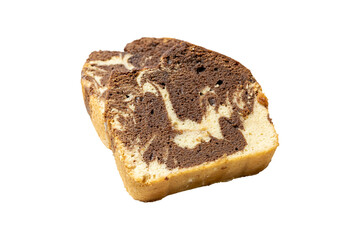 Two slices of freshly baked marble cake, showcasing a beautiful swirl of vanilla and chocolate flavors